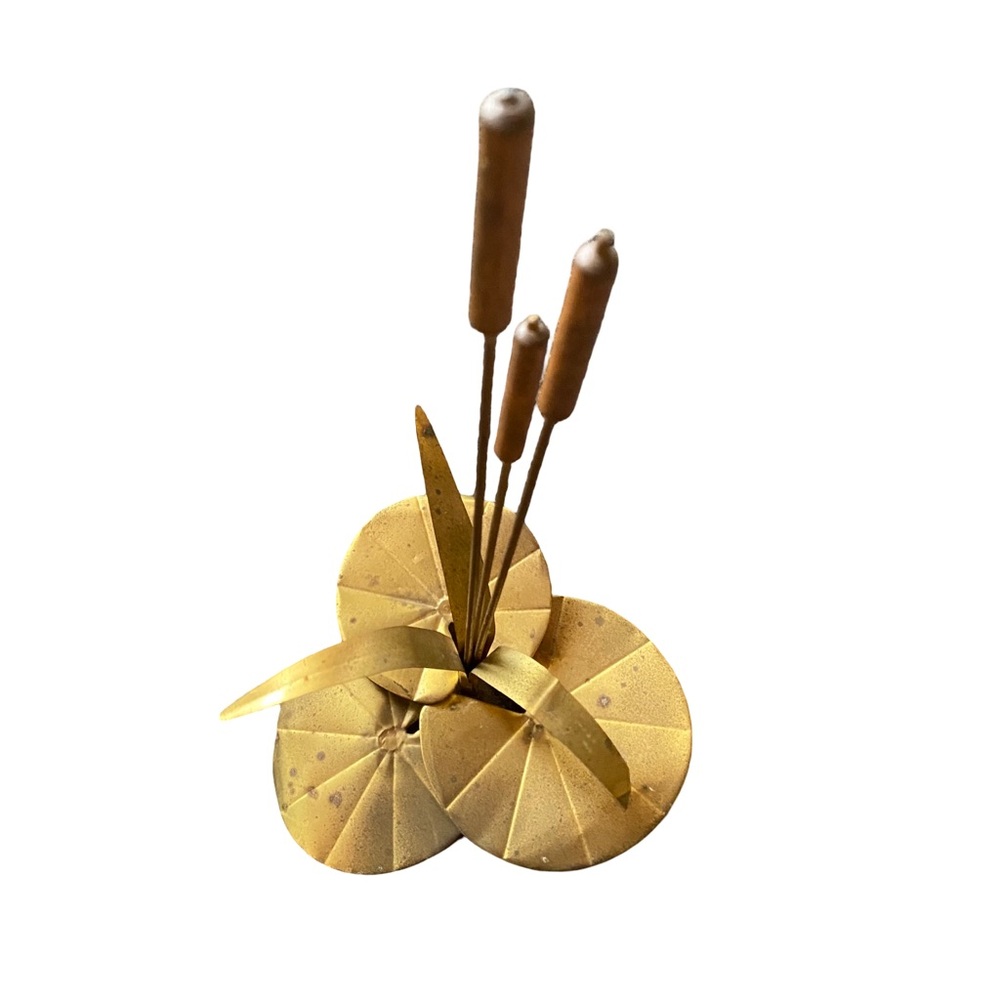 Vintage Midcentury Rustic Brass and Wood Cattails and Lily Pads Sculpture - Picture 2 of 5
